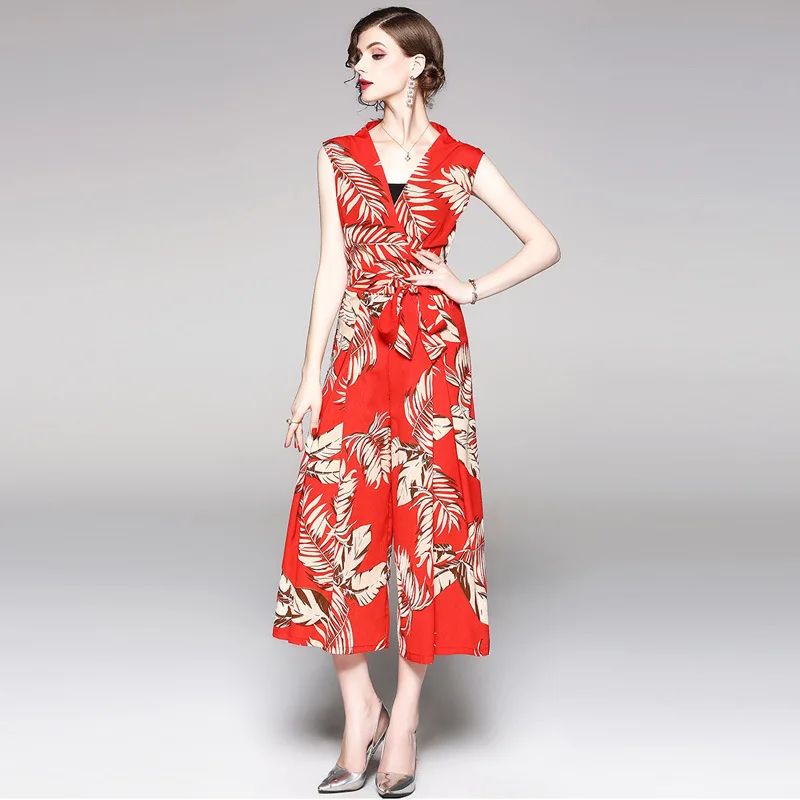 2019 New Summer Women Pants Temperament Casual Chiffon Printing Loose Drawstring Wide Leg Pants Fake Two Wide-legged Jumpsuit 2019 New Summer Women Pants Temperament Casual Chiffon Printing Loose Drawstring Wide Leg Pants Fake Two Wide-legged Jumpsuit