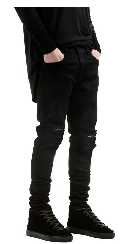 Черный рваные джинсы для мужчин с отверстиями Super Skinny известный дизайнер бренда мотобрюки 2019 Slim Fit разрушенные рваные джинсы брюки для