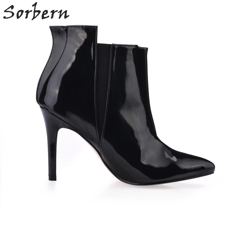 

Sorbern Women Patent Leather Ankle Boots Elastic Bands Pointed Toe High Heel Stilettos Elevator Shoes For Women Warm Boots 35-43