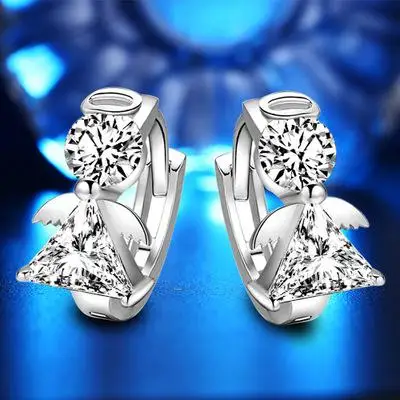 Серьги-кольца с кристаллами в виде ангела для женщин, серьги, 925 пробы, серебряные ювелирные изделия, сережки Brincos Brinco Oorbellen Pendientes Gif - Окраска металла: Посеребренный