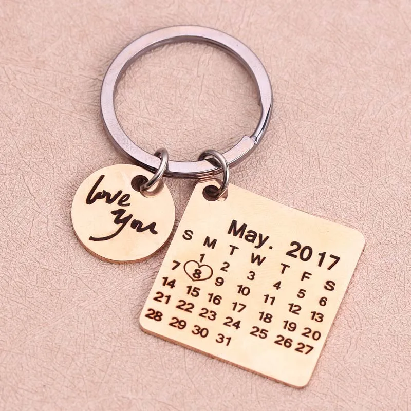 

Personalized Calendar Keychain Hand Carved Calendar Highlighted with Heart Date Keyring Stainless Steel Private Custom