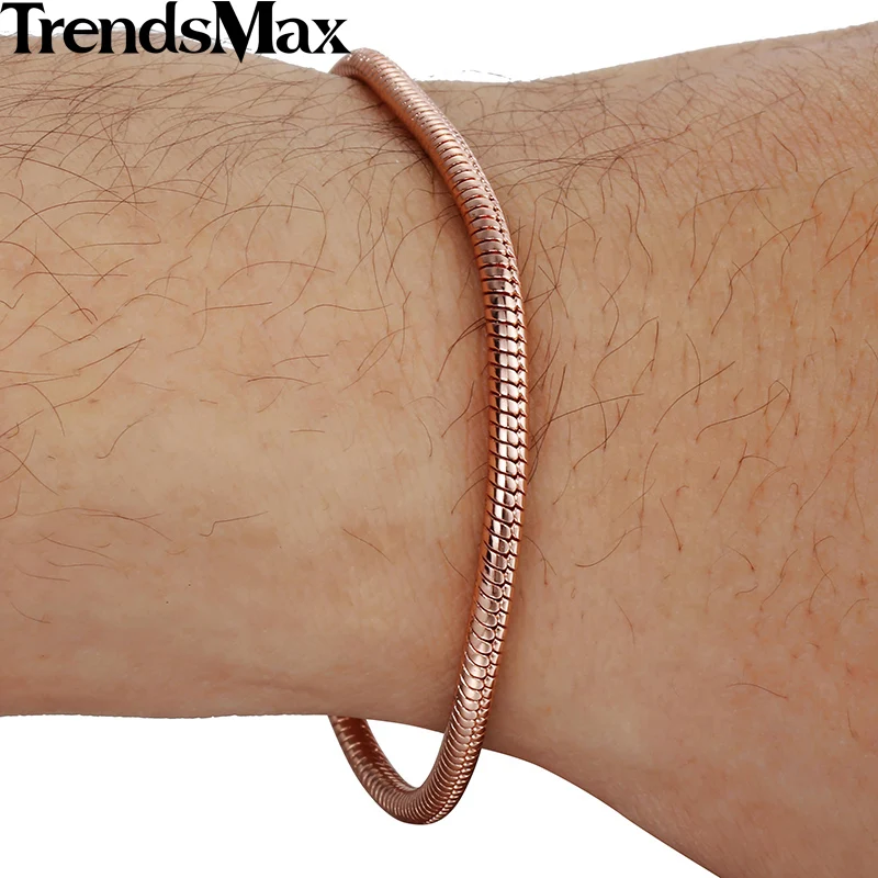 Trendsmax, 2 мм, 18-20 см, мужские, женские браслеты, змеиная кость, розовое золото, Заполненный браслет, подарок, ювелирное изделие, GB250