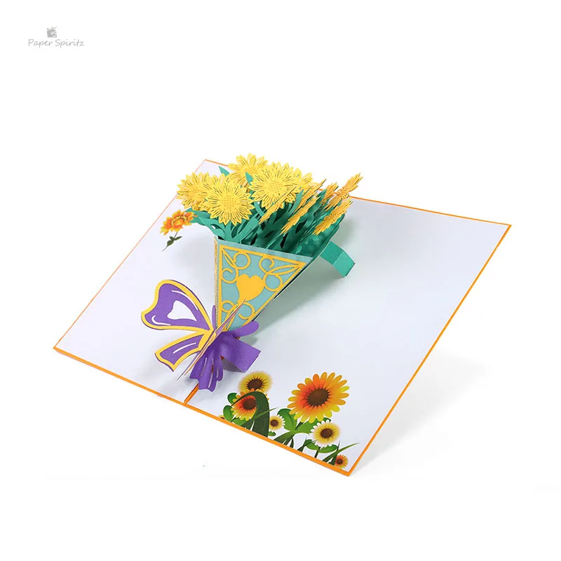 PAPER SPIRITZ Sun flower bouquet laser paper pop up card with envelope blank invitations greeting gift cards wedding invitation
