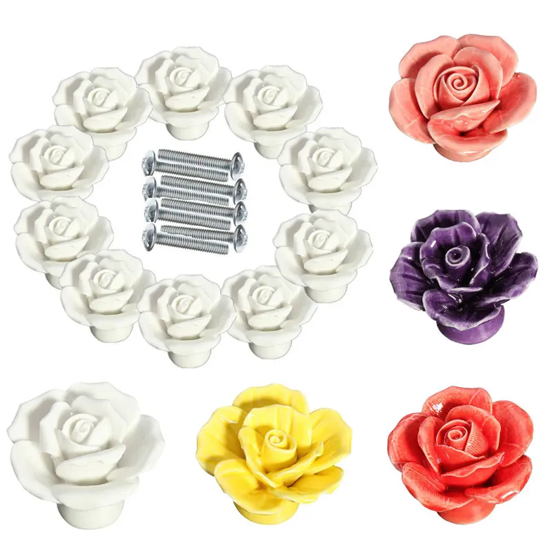 

10pcs Vintage Rose Flower Ceramic Door Knobs Handle Drawer Sale ALI88
