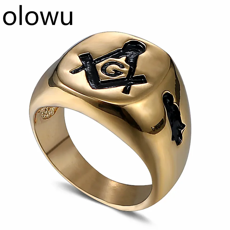 Olowu, новинка, мужское кольцо из нержавеющей стали, винтажное, золотое, серебряное, тон, черная эмаль, масонский масон, печатка, байкерское кольцо для мужчин, панк
