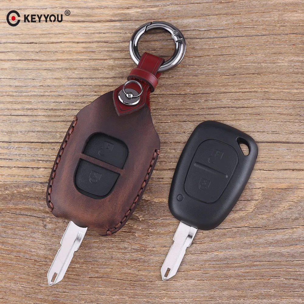 

KEYYOU Remote 2 Buttons Leather Keychain Key Case Cover for Renault Traffic Master Vivaro Movano Kangoo protector Cover