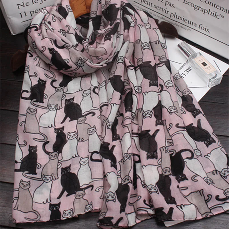 Marte& Joven хлопковый шарф с принтом кота из мультфильма, шали для женщин, модные, большие размеры, весенне-осенние, розовые, пашмины, палантины, хиджаб - Цвет: pink