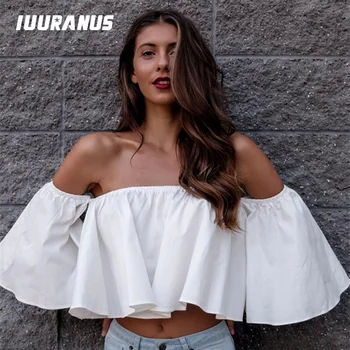 IUURANUS New Stylish Spring Summer Women Ladies flare sleeve Off Shoulder Solid Tank shirts Crop Tops Cropped Pullovers Blouse casual off the shoulder print flare sleeve blouse for women