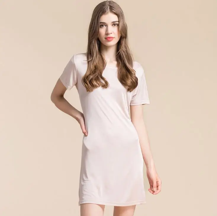 50% шелк 50% вискоза женские короткий рукав Полный скольжения пижамы Ночная рубашка HY108 - Цвет: beige