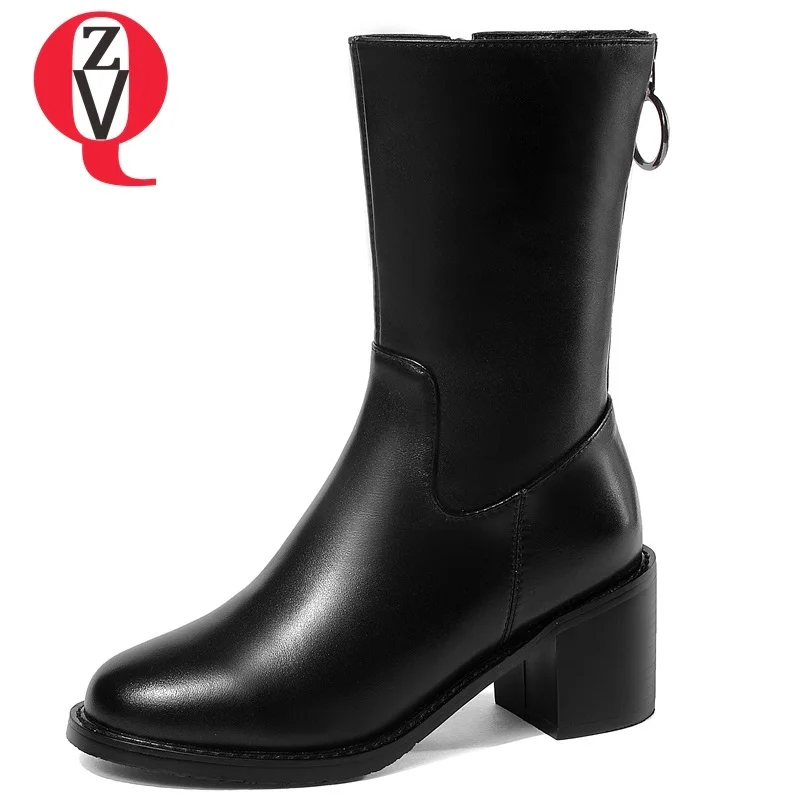 

ZVQ zapatos mujer newest high quality soft cowhide zip round toe high square heel mid calf boots winter warm black concise shoes