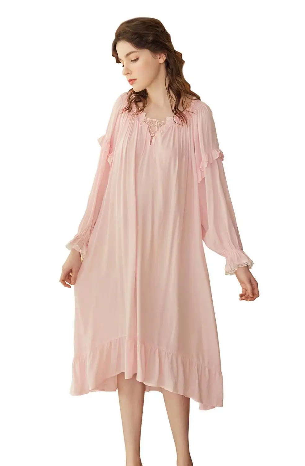 Весенне-осенняя хлопковая одежда для сна для женщин и девочек, Длинное свободное платье в стиле ретро, милая Пижама принцессы, большие размеры, ночная рубашка с длинными рукавами - Цвет: Розовый