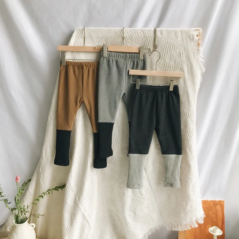 

Korean style Winter baby girls fashion thicken pathwork leggings boys cotton fleece skinny all-match pants clothes