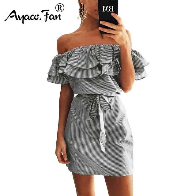 2018 Off Shoulder Strapless Striped Ruffles Dress Women Sexy Summer Sundresses Slim Beach Casual Shirt Short Mini Party Dresses