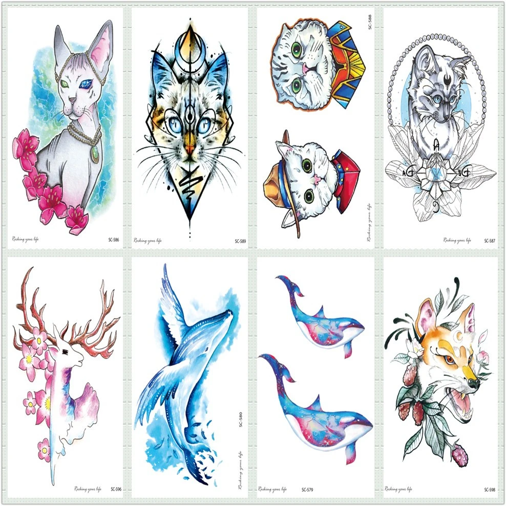 Rocooart Cartoon Cat Tattoo Whale Shark Fake Tattoo Colorful Taty Large Tatouage Body Art Waterproof Temporary Tattoo Stickers Temporary Tattoos Aliexpress