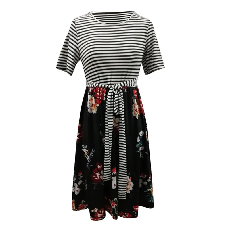  Women's Short Sleeve Stripe Floral Print Tie Waist Swing Midi Dress with Pockets Summer Holiday Dress For Ladies Girls 40MY14 (10)