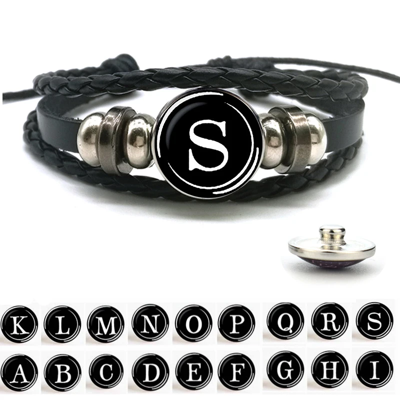 

26 Letter Snap Button Braided Leather Bracelet Personalized Diy Name Bracelet Alphabet Letters Jewelry for Women Men