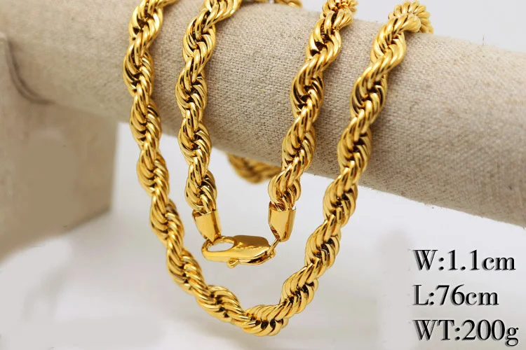 Men hip hop Solid Rope Chain 24K Gold 