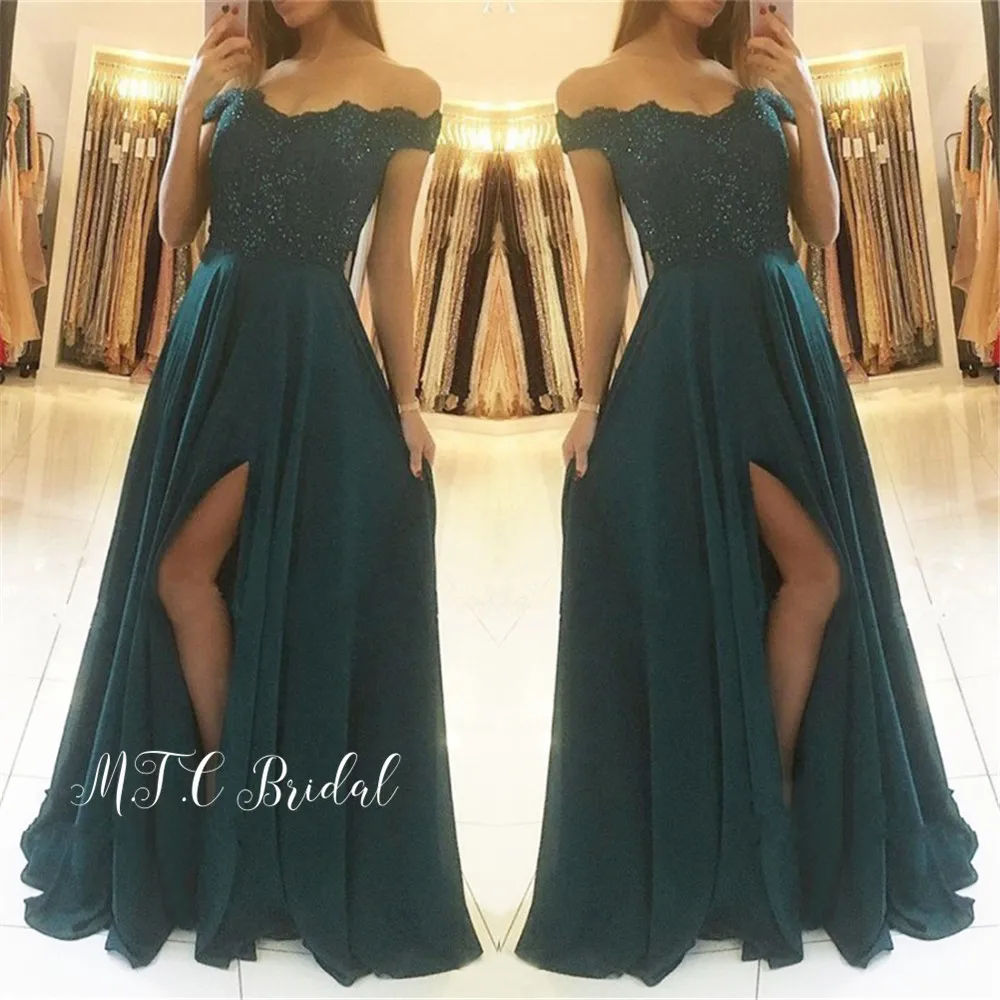 

Wholesale Dark Green Long Evening Dress High Slit Off The Shoulder Beaded Lace Gorgeous Prom Gowns 2019 Cheap Party Dresses