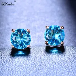 Blaike круглый Aqua Blue кубического циркония серьги стержня для Для женщин Мода розовое золото Заполненные Кристалл серьга с камнем-талисманом