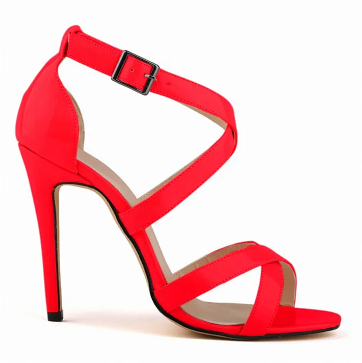Новинка; Летние Женские однотонные римские сандалии из лакированной кожи в сдержанном стиле; туфли на высоком каблуке с открытым носком; пикантные вечерние женские сандалии с перекрестной пряжкой - Цвет: Красный
