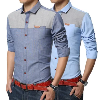 

LISIBOOO Spring and Autumn Mens Long Sleeved Shirt Slim Fit Men Shirt Fashion Denim Stitching Top Shirt Male Casual Shirt