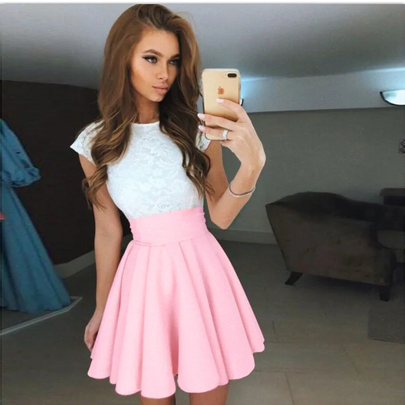 Cute White Lace Patchwork 4 Colors Summer Dress 2017 Ukraine Women’s O-neck Short-sleeved Party Dresses Plus Size Vestidos