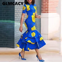 Женское платье-пуловер с круглым вырезом, до середины икры, с оборками, платье-труба/Русалка, с цветочным принтом, с коротким рукавом, летнее платье для вечеринки