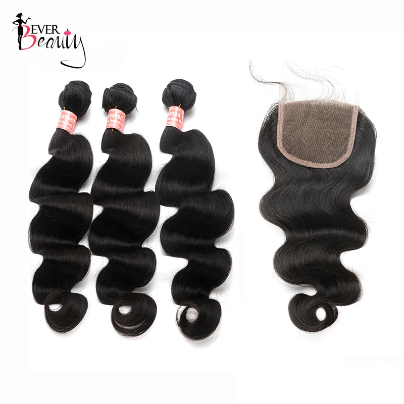 Body Wave Human Hair Bundles With Closure Ever Beauty Brazilian Hair Weave 3 Bundles With 4*4 Lace Closure Remy Hair