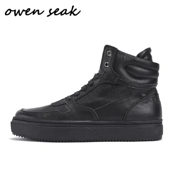 

Owen Seak Men Shoes High-TOP Ankle Boots Genuine Leather Adult Sneakers Luxury Trainers Casual Lace-up Flat Black White Shoes