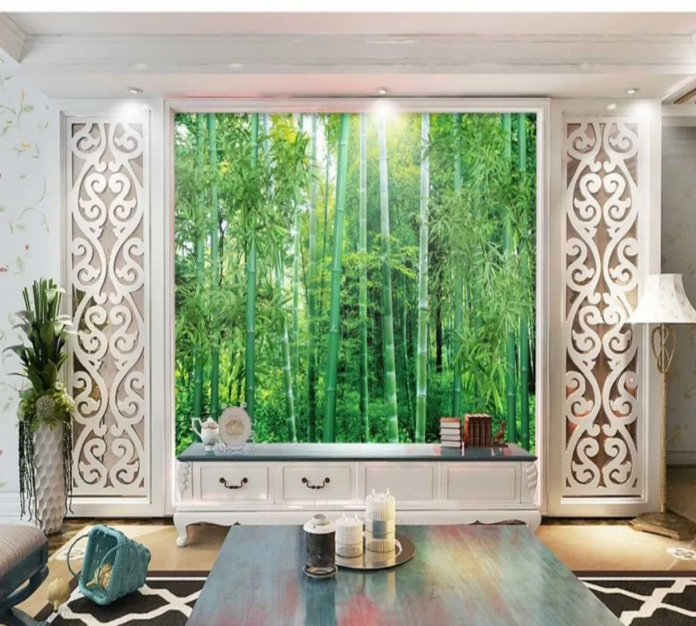 Бесплатная доставка бамбук пейзаж натуральный зеленый Гостиная ТВ фоне стены 3D пользовательские обои ресторан Чайхана росписи