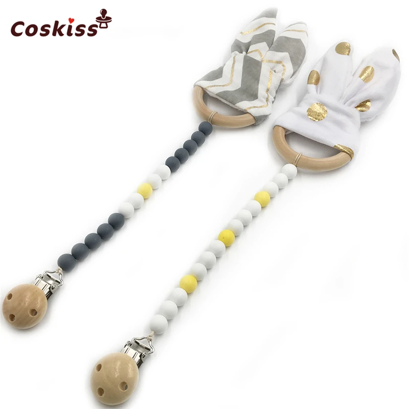 

2pc Baby Wooden Pacifier Clip Teether Toy Food Grade Silicone Beads Wood Ring Bunny Ear Toddler Teething Nursing Newborn Teether