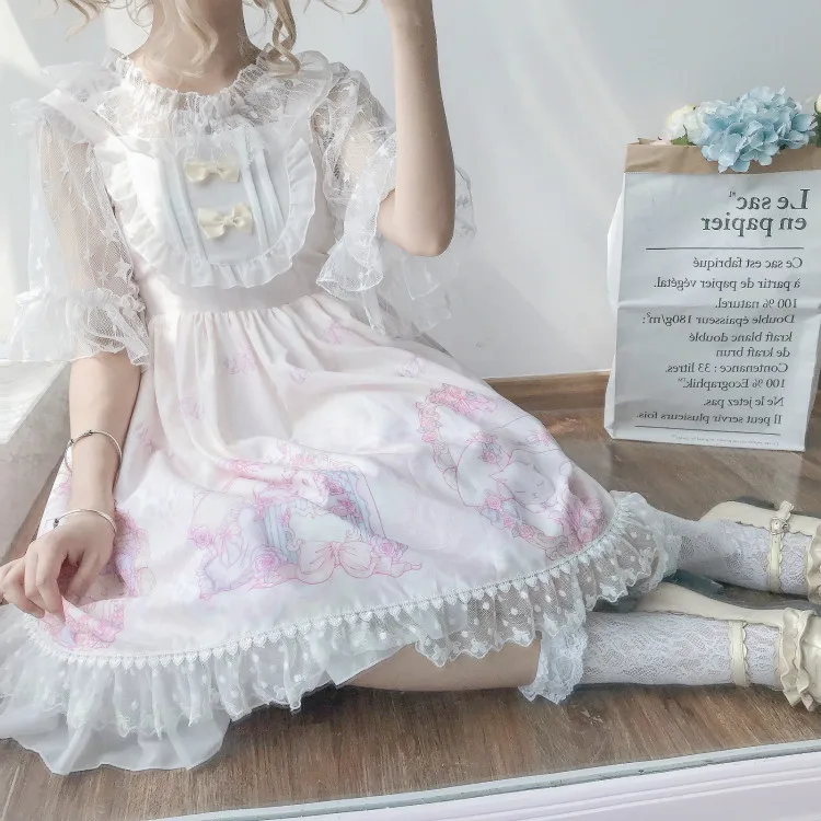 Kawaii японская Лолита АО платье женская летняя обувь мягкой сестра ветер милые с рисунком кошки с бантом в стиле «лолита» с ремешком и милым милое платье - Цвет: Apricot Sleeveless