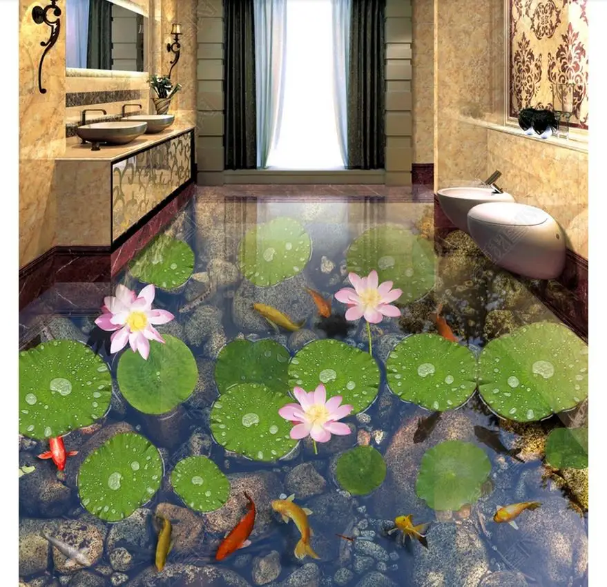 

custom wallpaper 3d flooring Waterproof self-adhesion murals 3D bathroom living room floor pond lotus floor tiles wall Sticker
