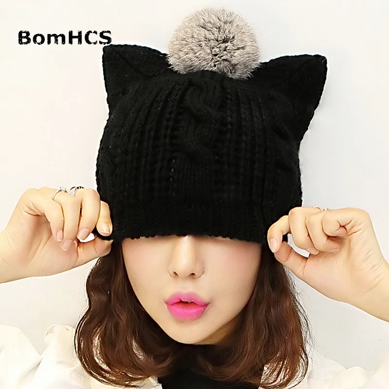 

BomHCS Cute Cat Ears Beanie with Soft Fur Pompom 100% Handmade Knitted Hat
