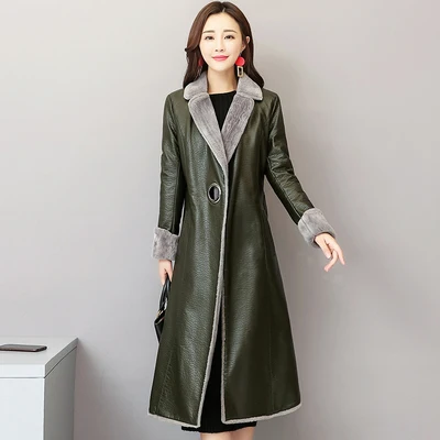 Натуральная кожаная куртка Для женщин зима-осень теплое длинное Разделение Кожаные куртки верхняя одежда размера плюс 5XL LX2596 - Цвет: dark green