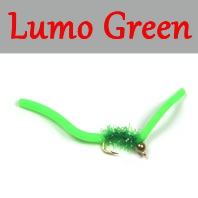 ICERIO 10PCS San Juan Worm Brass Bead Head Squirmy Wormy Fly Trout Fly Fishing Lures Nymphs#10 - Цвет: Lumo Green  10pcs