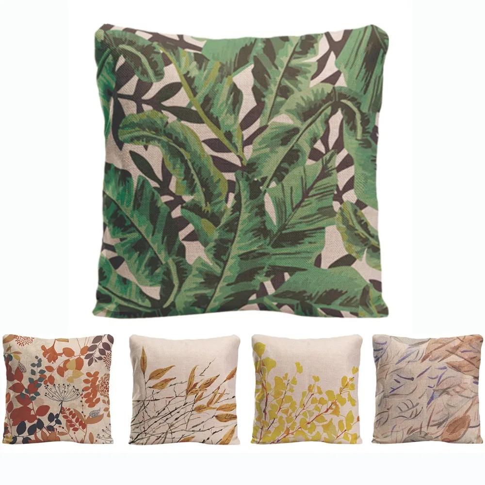 Colorful Africa Tropical Plant Printed Home Decor Cushion Cover Green Leaves Linen Pillow Case