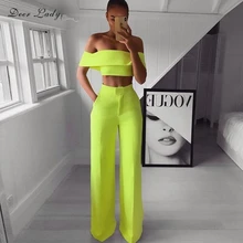 Deer Lady 2 Piece Pants Set Women 2019 Green High Waist Wide Leg Pants Set Summer Fashion Pants And Crop Top Set Off Shoulder Deer Lady 2 Piece Pants Set Women 2019 Green High Waist Wide Leg Pants Set Summer Fashion Pants And Crop Top Set Off Shoulder