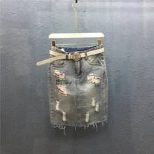 Большая женская одежда, четыре стиля, высокая талия, плиссированная юбка с поясом, элегантная женская джинсовая юбка с вышивкой