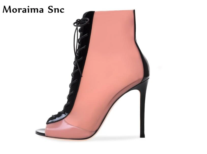 

Moraima Snc Spring Fall fashion female Ankle boots peep toe cross-tied mixed colors sexy thin high heels newest waterproof
