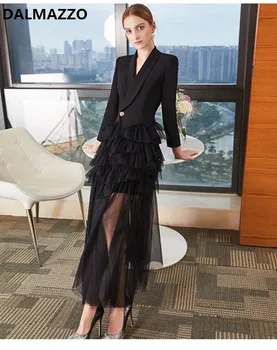 

Womans Banquet Party V Neck dresses 2019 High-end luxury Design Women Long Sleeve Runway Pleated Mesh Long Dress Vestidos