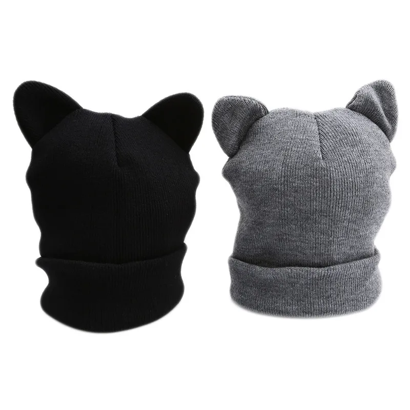 Милая теплая зимняя повседневная шапка Skullies Beanies, модная дизайнерская Шерстяная кепка, шляпа серого и белого цвета с милыми кошачьими ушками, вязаная шапка