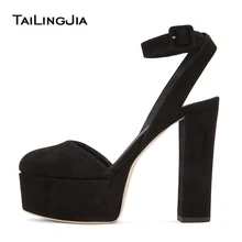 Women Black Faux Suede Round Toe Chunky Heel Slingbacks Platform High Heel Pumps Evening Dress Heels Ladies Summer Shoes 2018 retro women s pumps with chunky heel and platform design