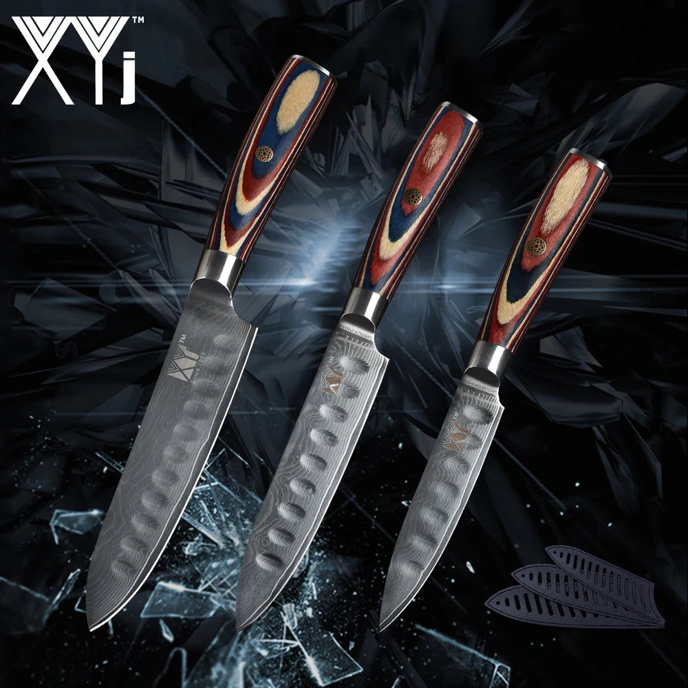 

XYj 3 Piece Damascus Kitchen Knife Set VG10 Damascus Steel Sharp Blade Color Wood Handle 4'' 5'' 6'' Utility Slicing Chef Knife