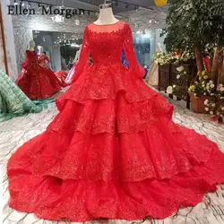 Элегантный одежда с длинным рукавом красный свадебные платья юбка-фонарик пышные лодка средства ухода за кожей Шеи Часовня Поезд корсет