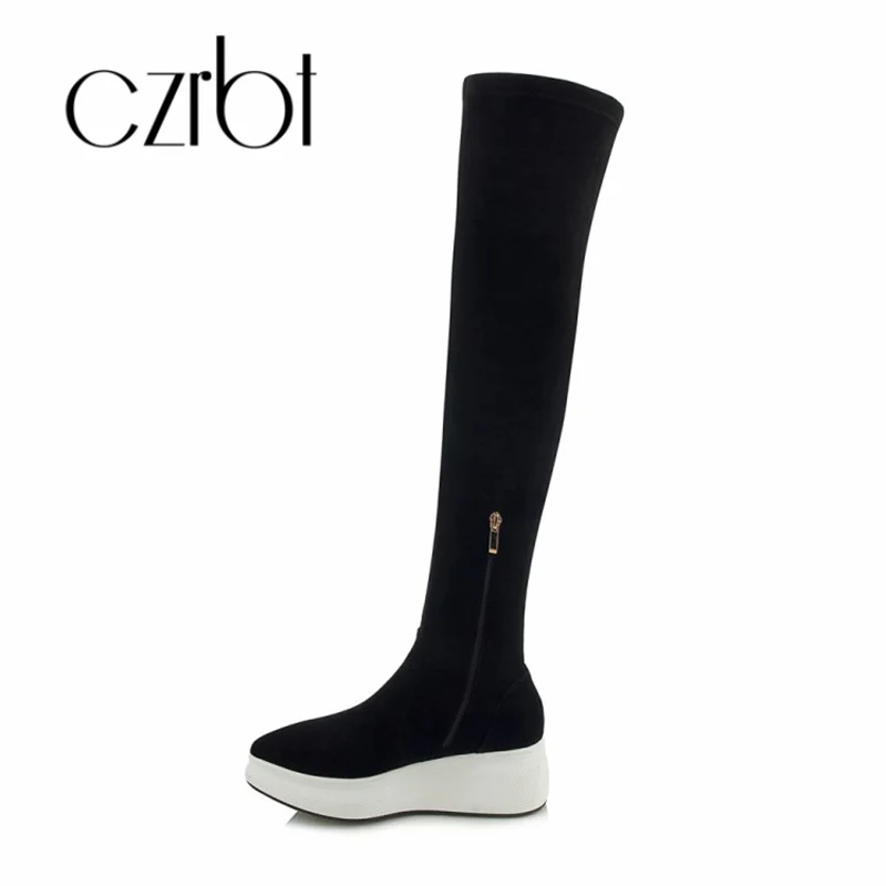 

czrbt 2018 new autumn and winter muffin thick-soled pointed individual knee-high elastic boots slip-proof warm women boots