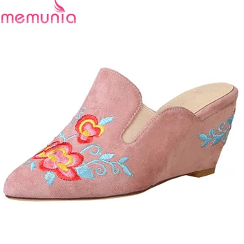 

MEMUNIA 2019 new arrival flock pointed toe women pumps Chinese style summer party wedding shoes embroider mules shoes woman
