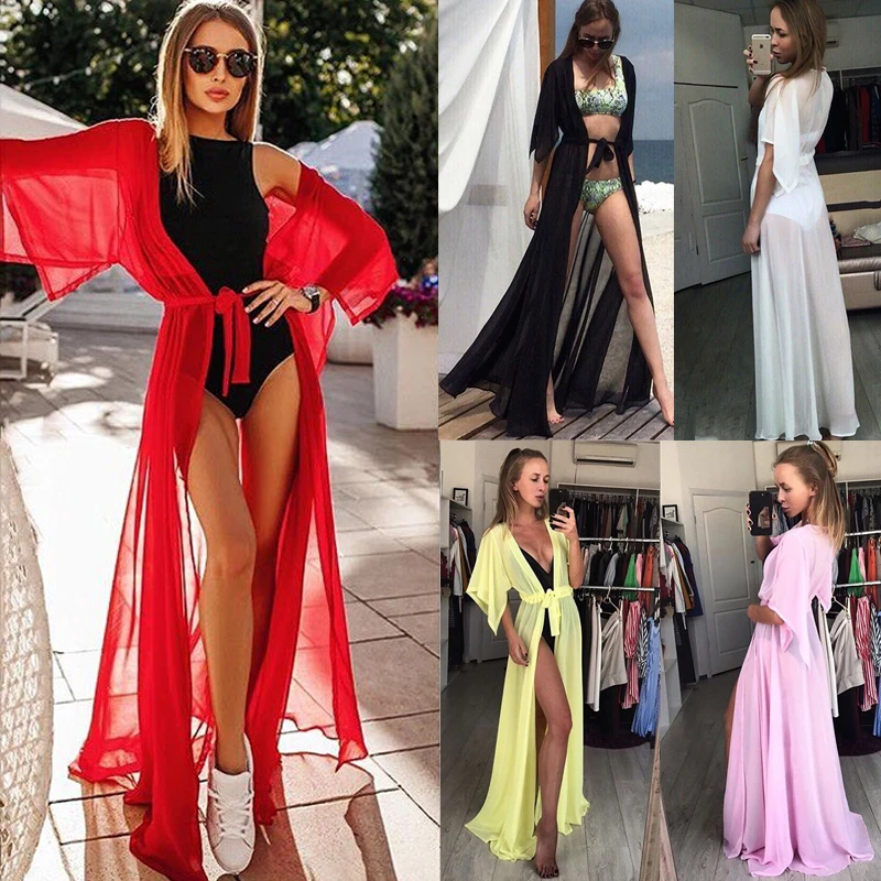 bathing suit dress cover ups Summer Red Sexy Beach Long Dress Women Bikini Cover Up Chiffon Robe Tunic Kaftan Sarong Swimsuit Bathing Suit beach maxi dress with sleeves