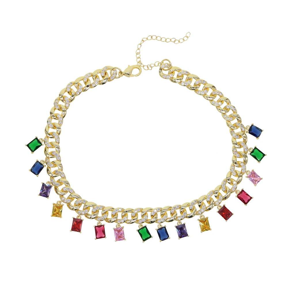 Rock style miami cuban chain choker jewelry with rainbow baguette cz drop charm links Gold filled cz women short layer necklace