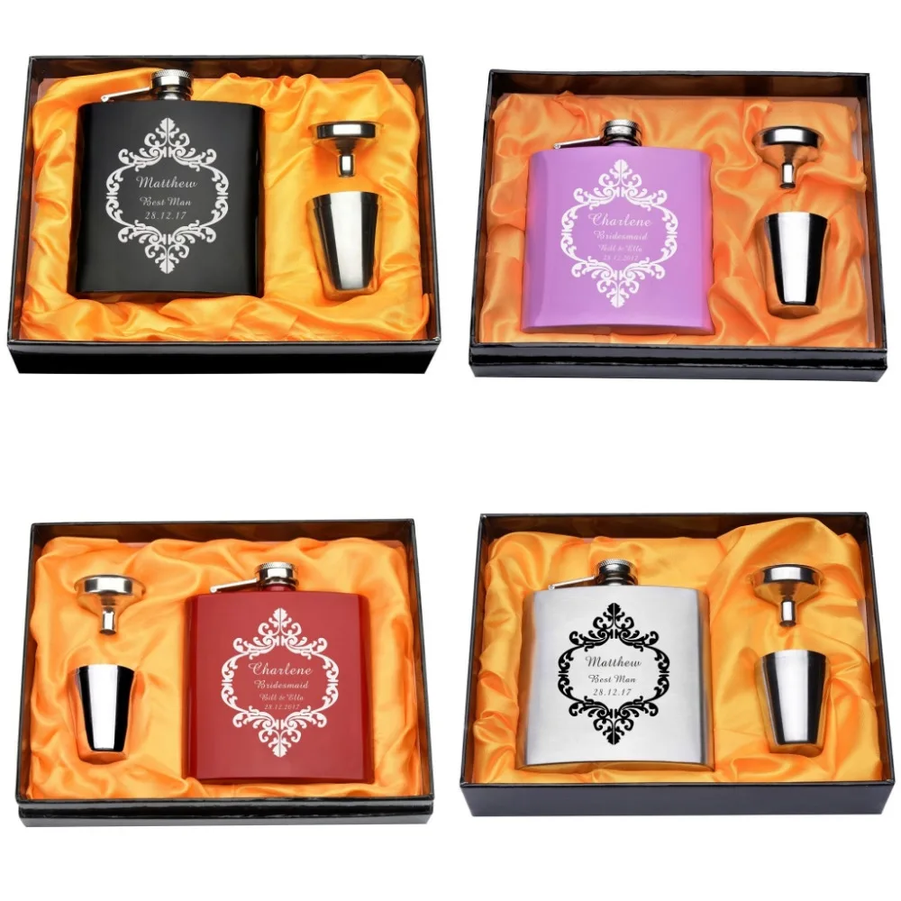 

Personalized Engraved 6oz Hip Flask Set Stainless Steel Funnel With Yellow Cloth Groom Man's Mother Wedding Gifts Usage Favors